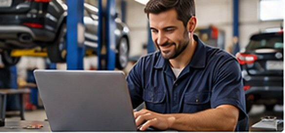 A technician at a laptop in the workshop, with cars on lifts behind him.